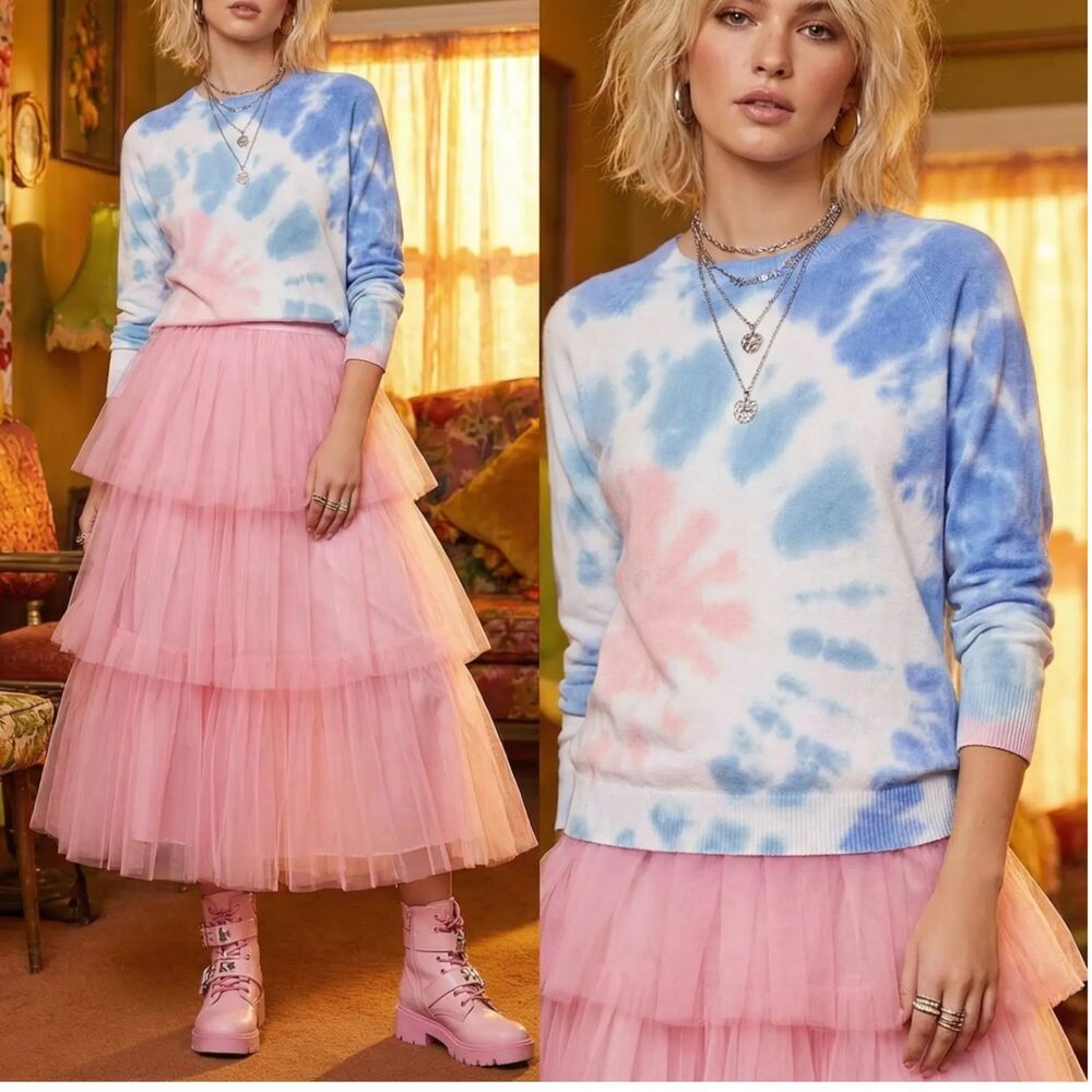 Minnie Rose Wo Tie-Dye Scallop Cashmere Blend Frayed Sweater